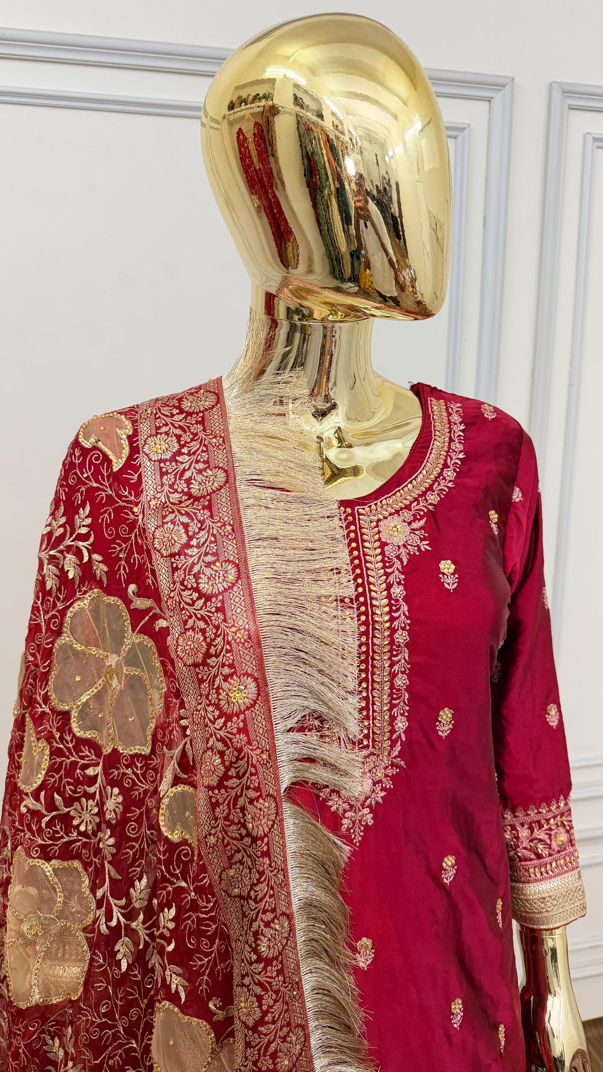 BRIDAL MAROON FLORAL KIMKHAB GHARARA WITH FLOWER DUPATTA