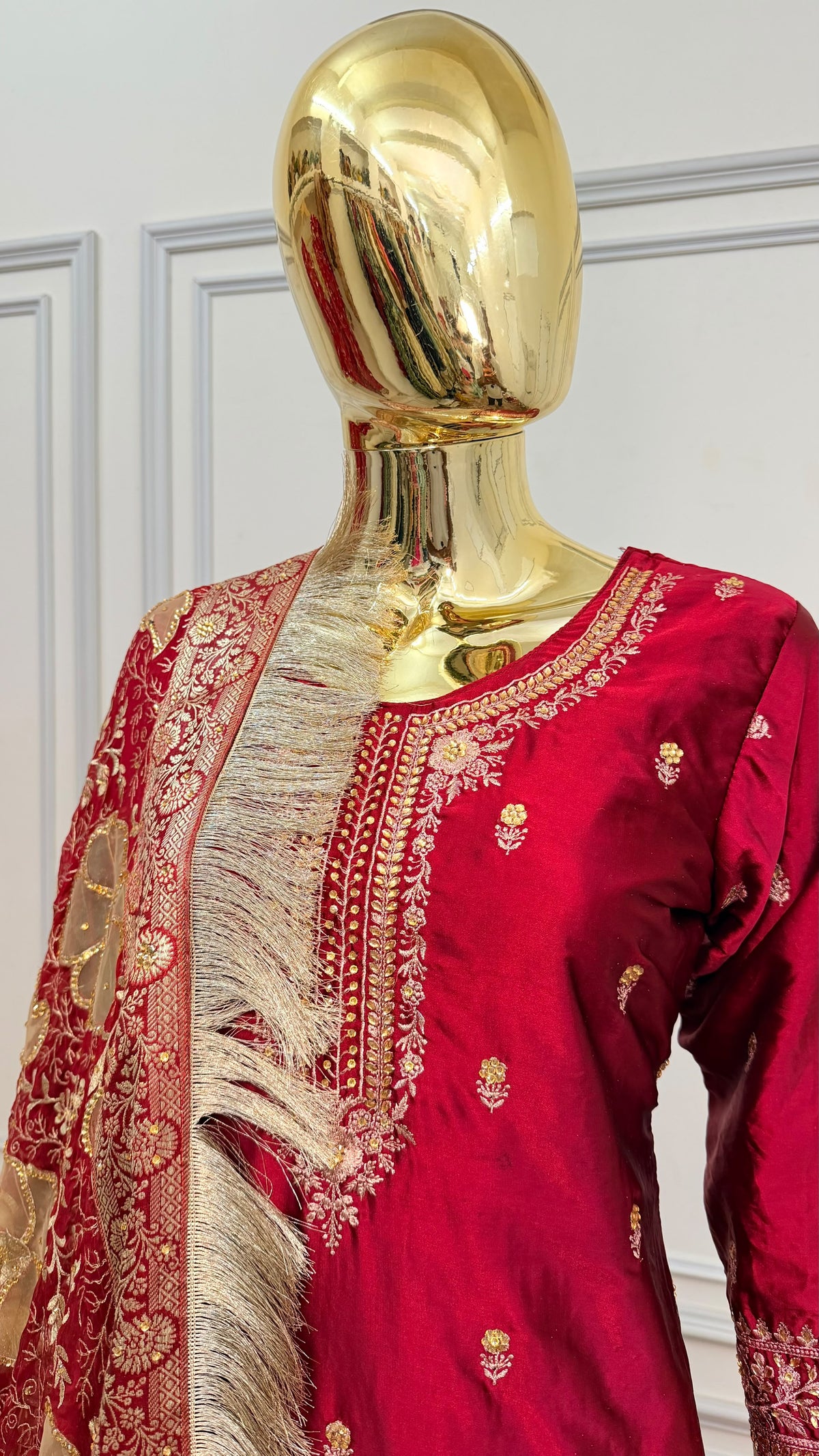 BRIDAL MAROON FLORAL KIMKHAB GHARARA WITH FLOWER DUPATTA