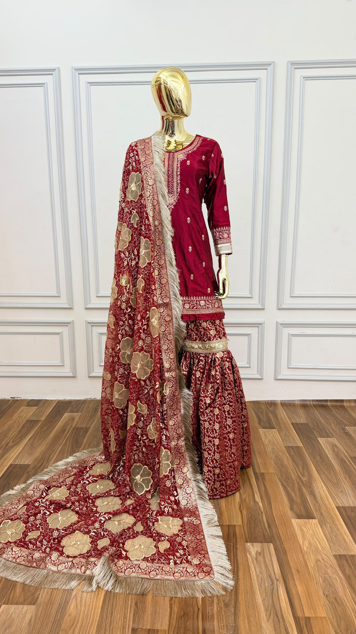 BRIDAL MAROON FLORAL KIMKHAB GHARARA WITH FLOWER DUPATTA
