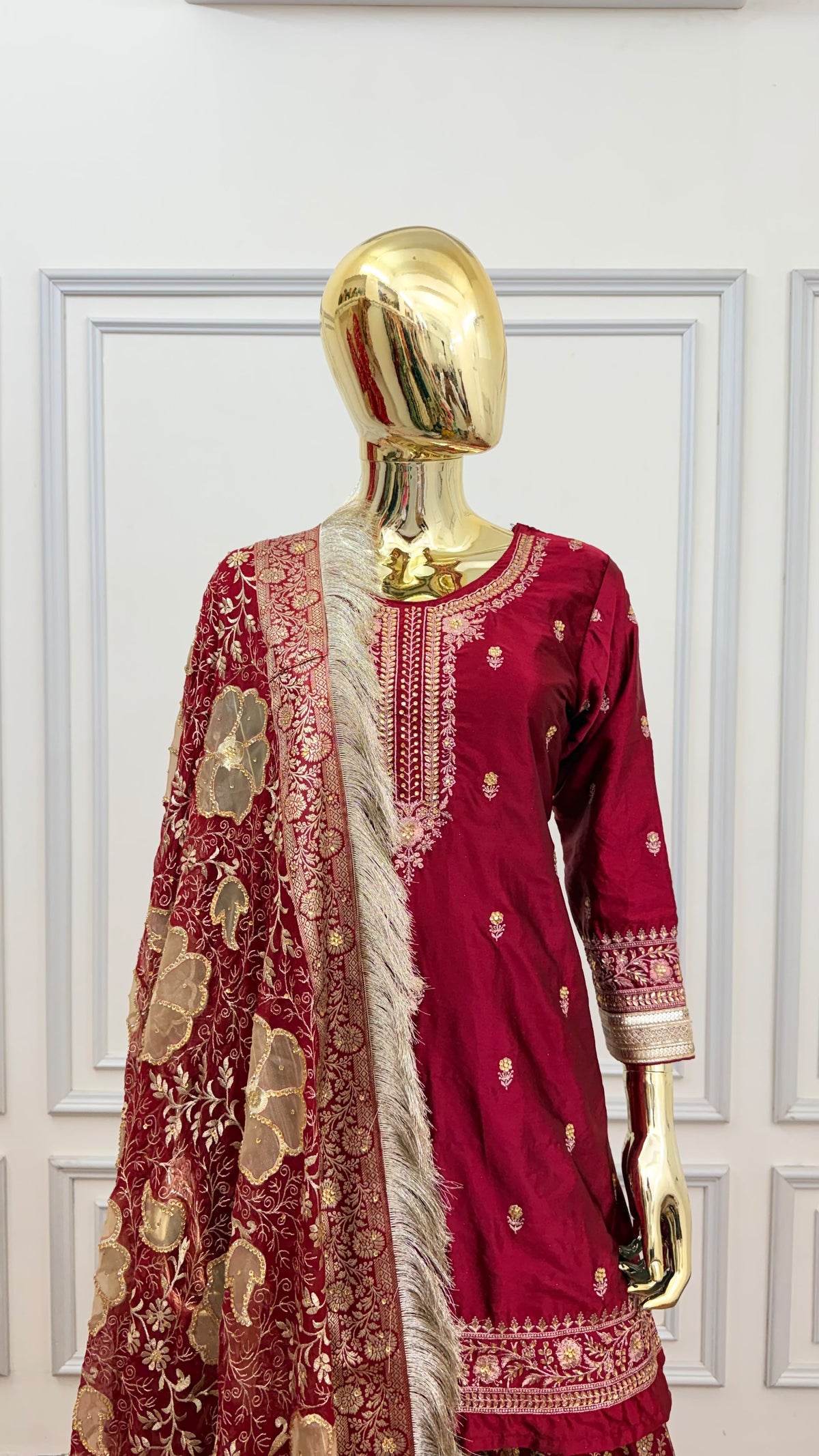 BRIDAL MAROON FLORAL KIMKHAB GHARARA WITH FLOWER DUPATTA