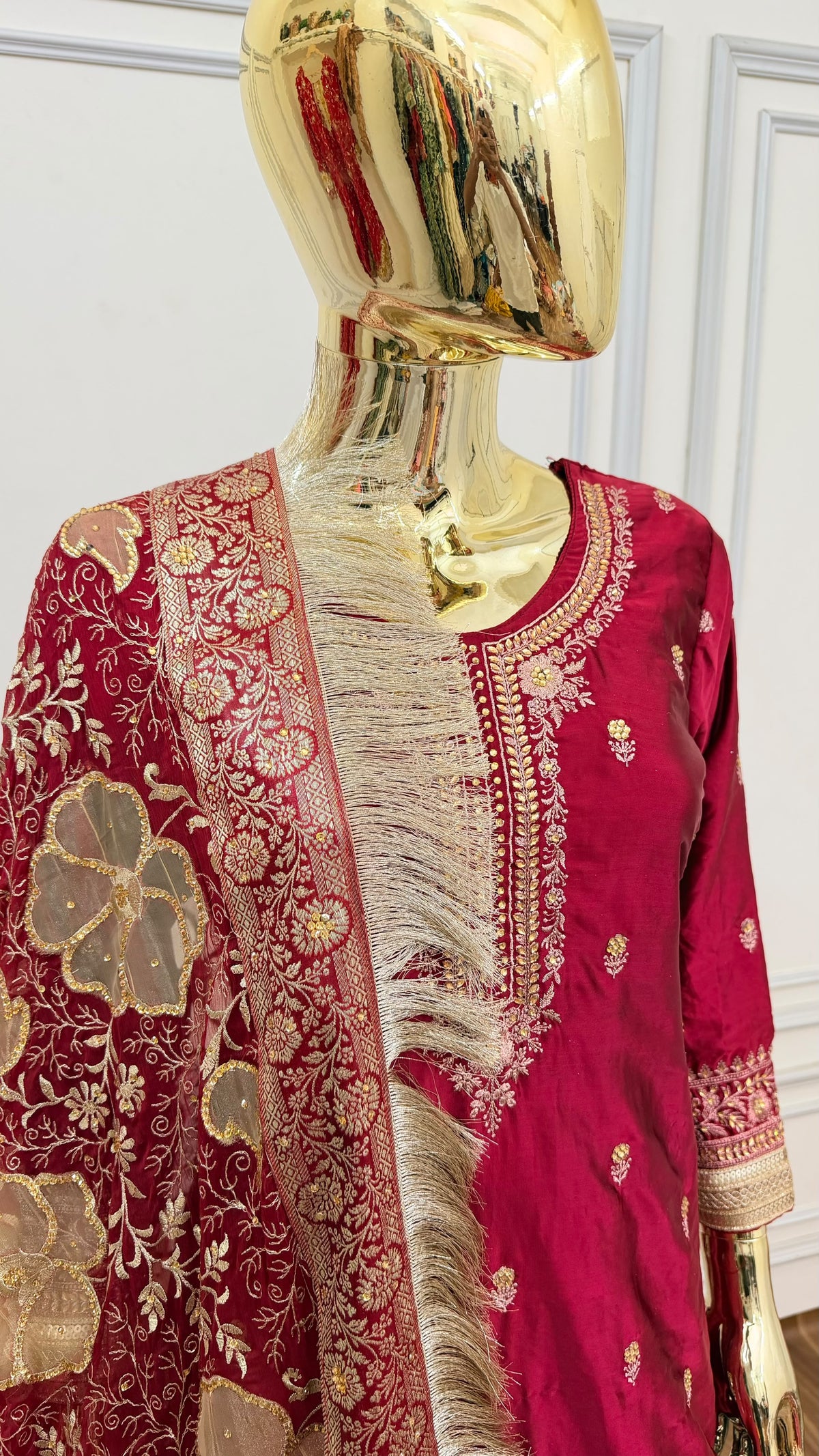 BRIDAL MAROON FLORAL KIMKHAB GHARARA WITH FLOWER DUPATTA