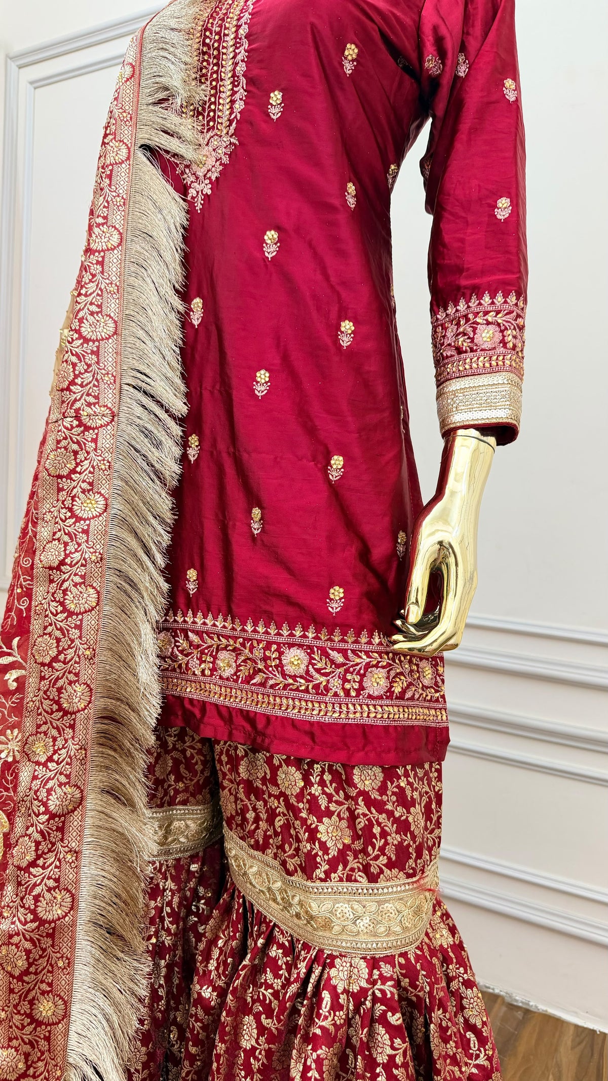 BRIDAL MAROON FLORAL KIMKHAB GHARARA WITH FLOWER DUPATTA