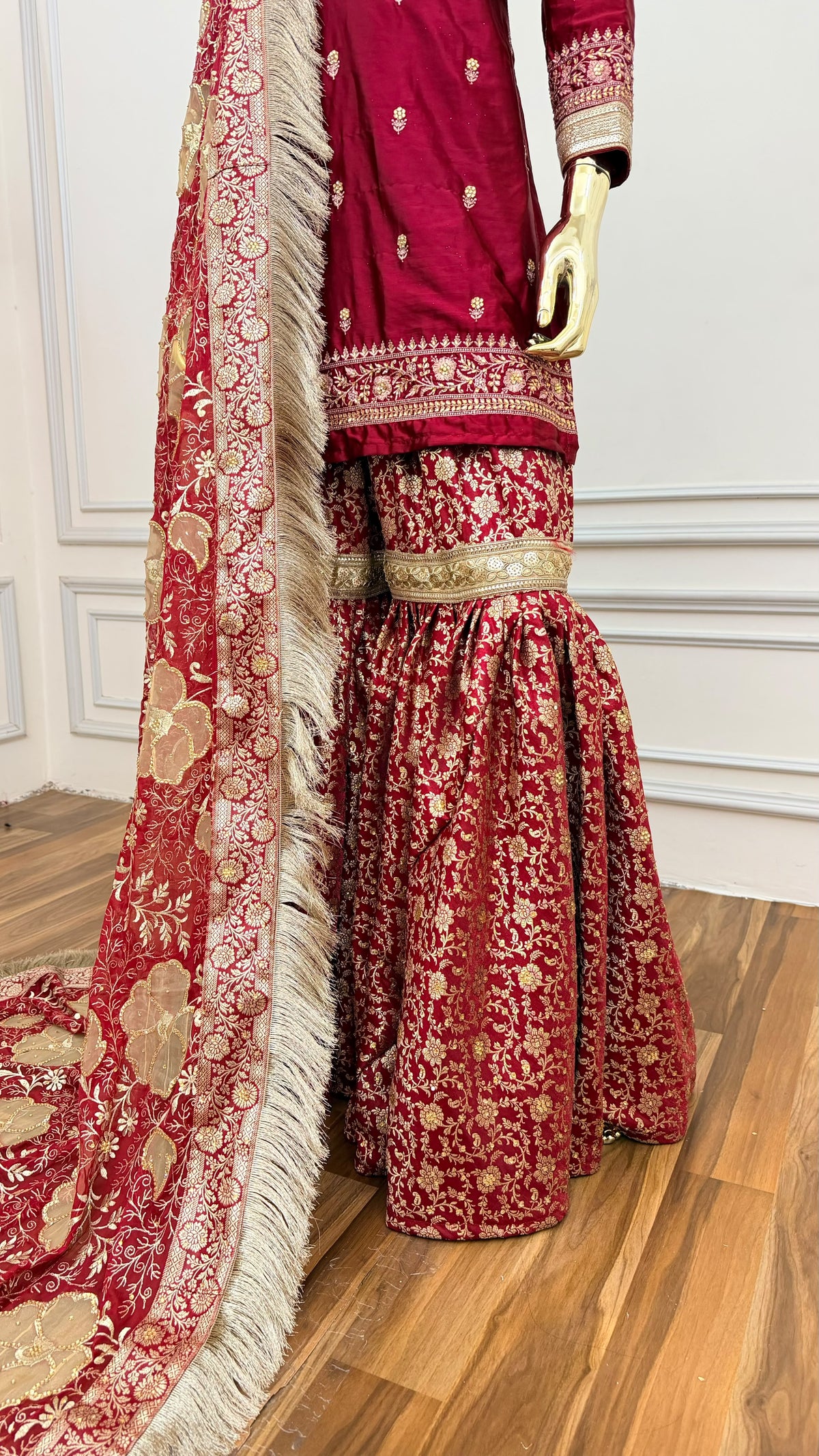 BRIDAL MAROON FLORAL KIMKHAB GHARARA WITH FLOWER DUPATTA