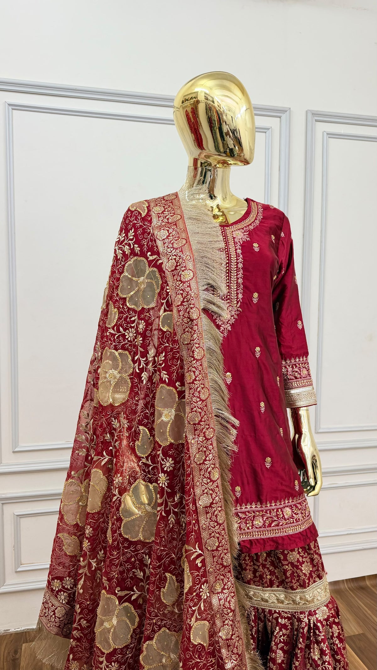 BRIDAL MAROON FLORAL KIMKHAB GHARARA WITH FLOWER DUPATTA