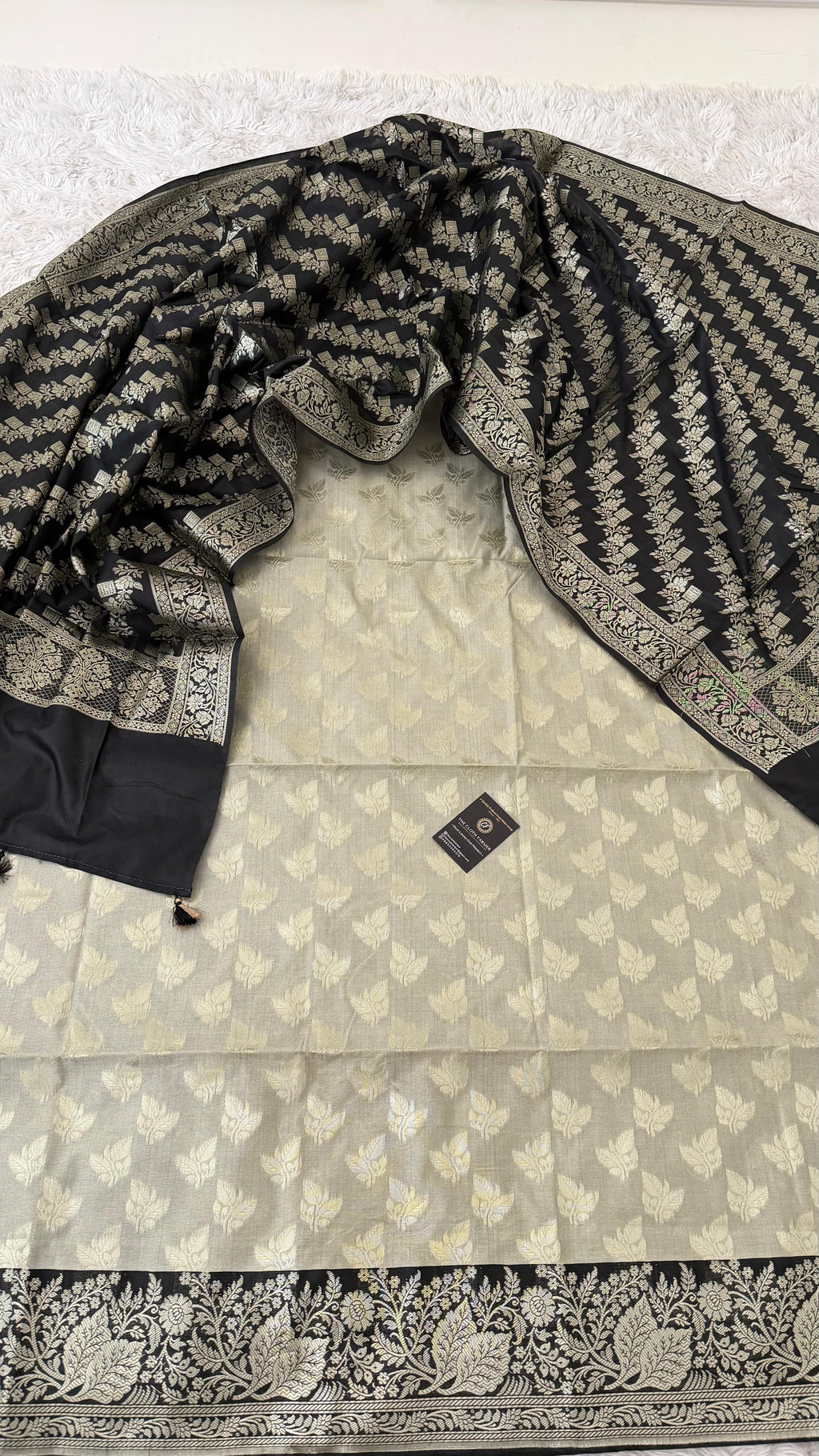 BLACK COLOR CONTRAST COTTON SILK 3 PIECE SUIT