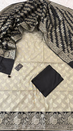 BLACK COLOR CONTRAST COTTON SILK 3 PIECE SUIT