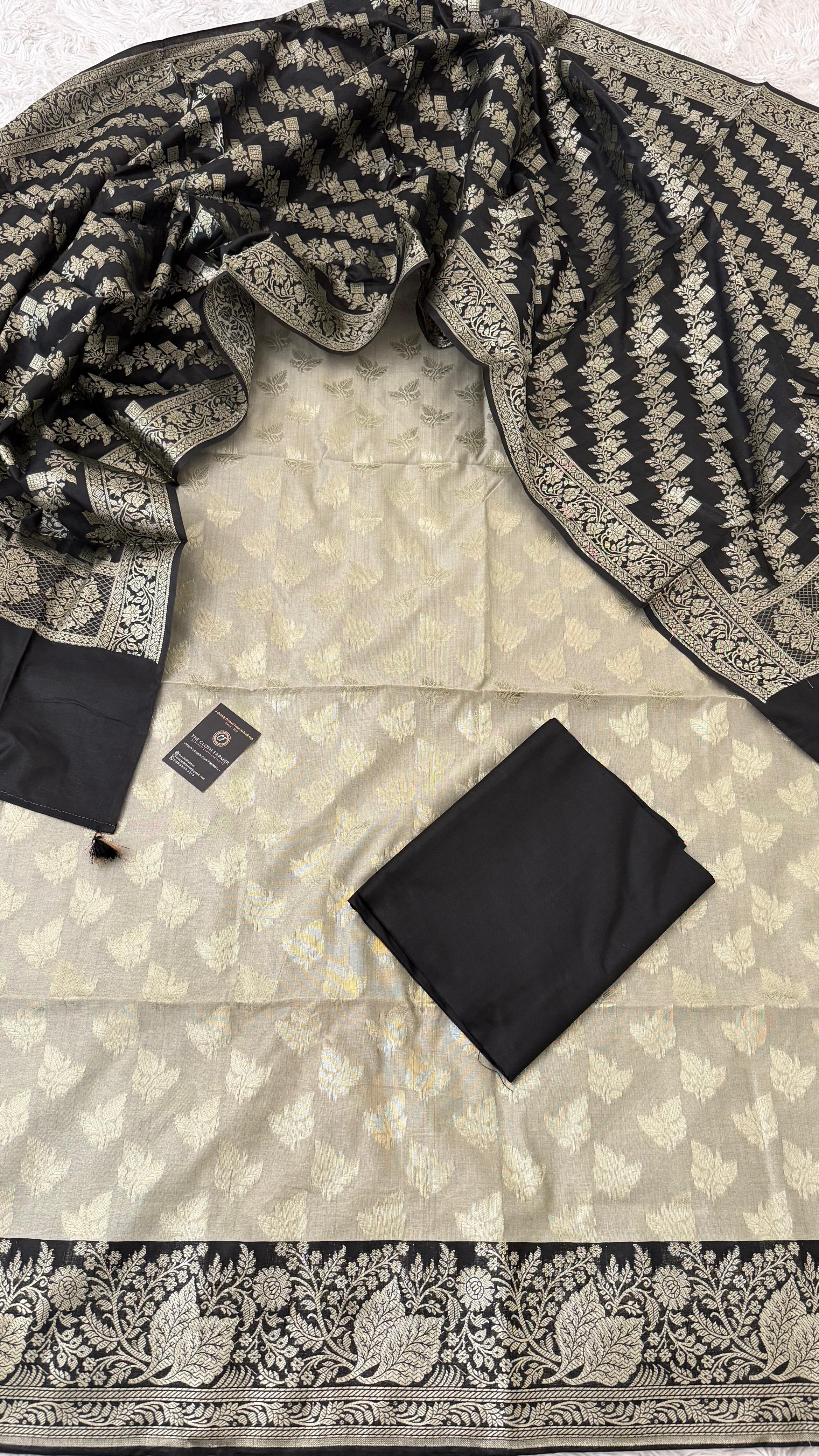 BLACK COLOR CONTRAST COTTON SILK 3 PIECE SUIT