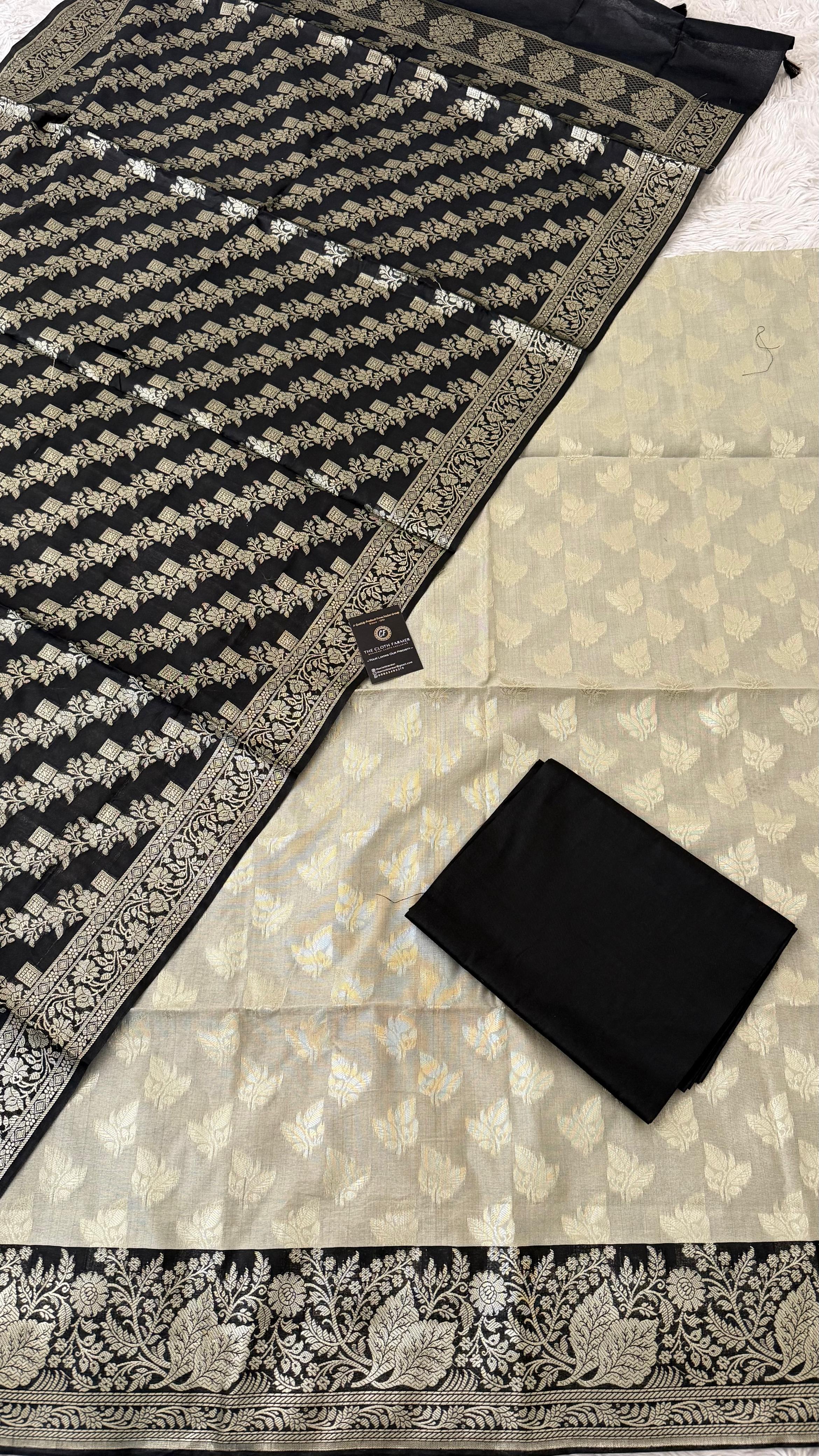 BLACK COLOR CONTRAST COTTON SILK 3 PIECE SUIT