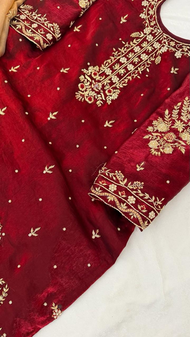 BLOOD MAROON ZARDOZI GHARARA