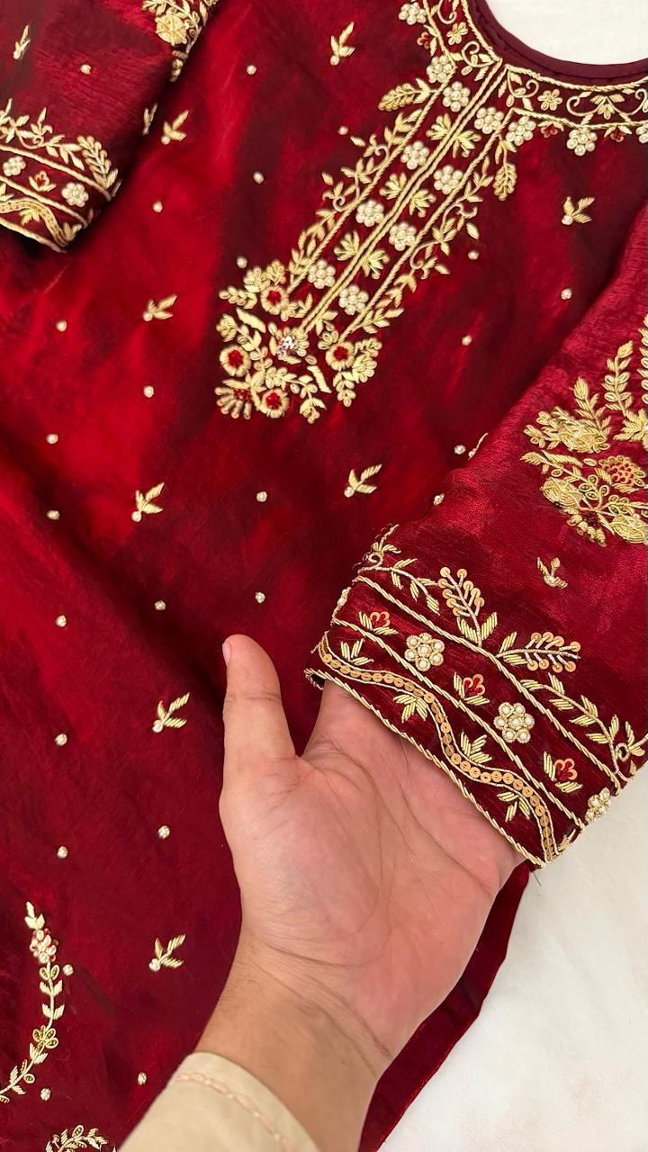 BLOOD MAROON ZARDOZI GHARARA
