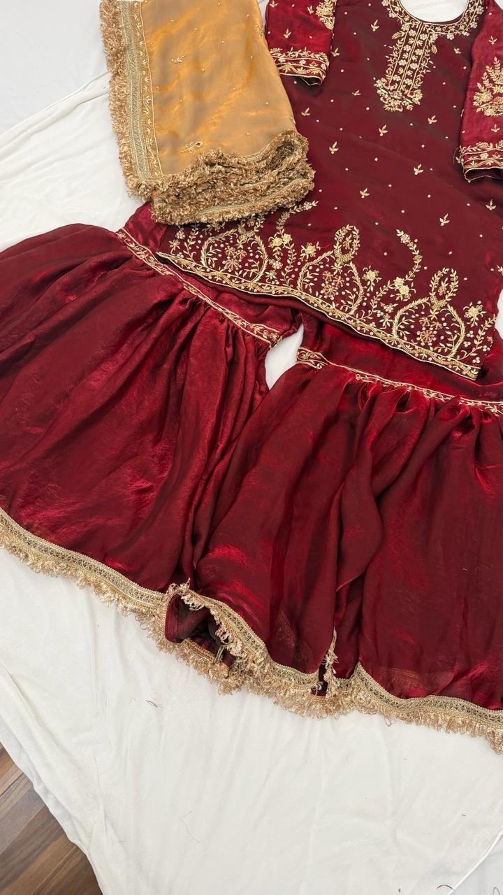 BLOOD MAROON ZARDOZI GHARARA