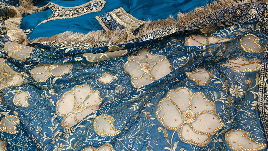 BLUE BANARASI KIMKHAB GHARARA WITH DESIGHNER DUPATTA