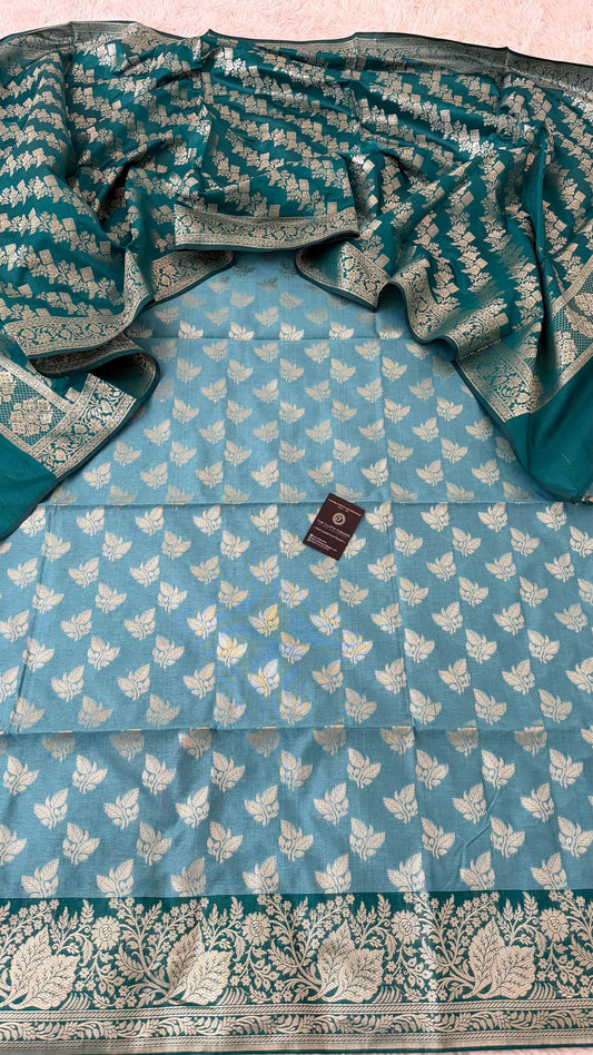 CADET BLUE CONTRAST COTTON SILK 3 PIECE SUIT