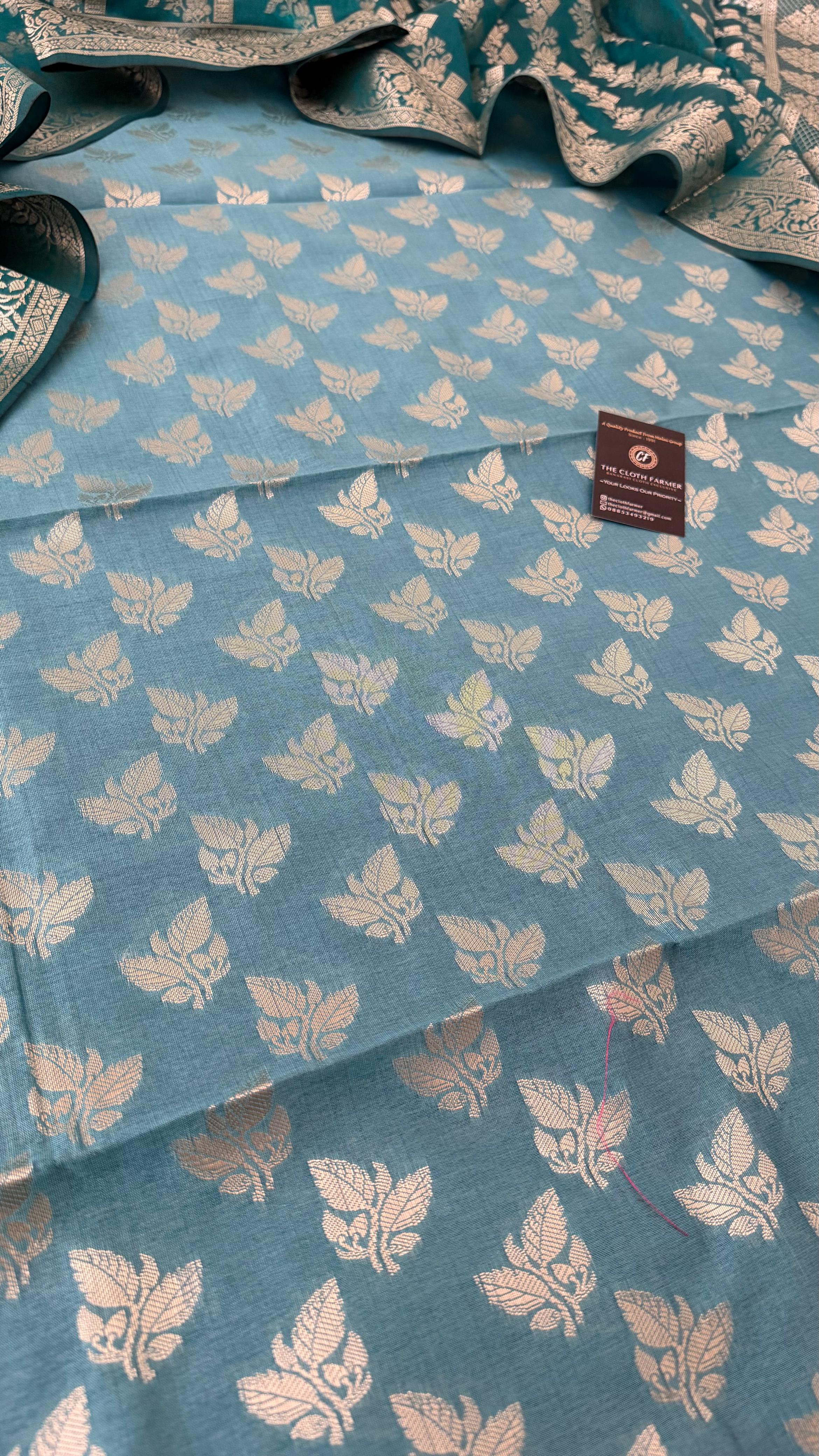 CADET BLUE CONTRAST COTTON SILK 3 PIECE SUIT