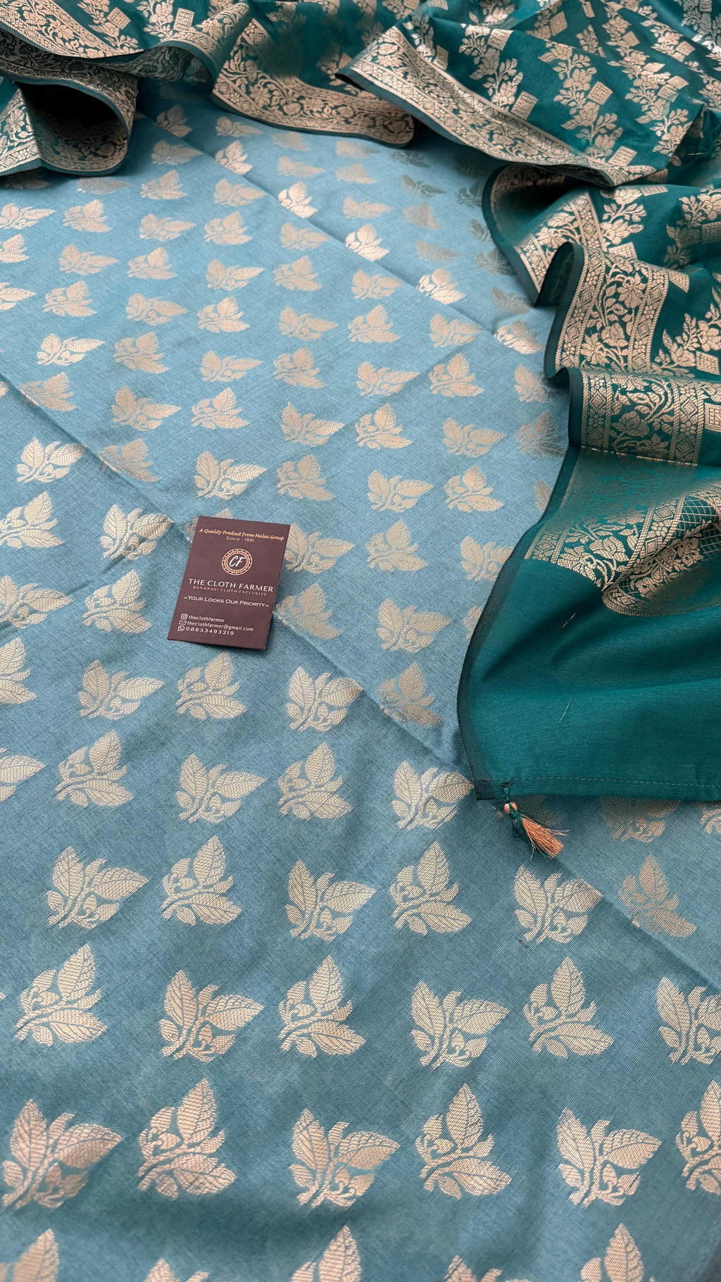 CADET BLUE CONTRAST COTTON SILK 3 PIECE SUIT