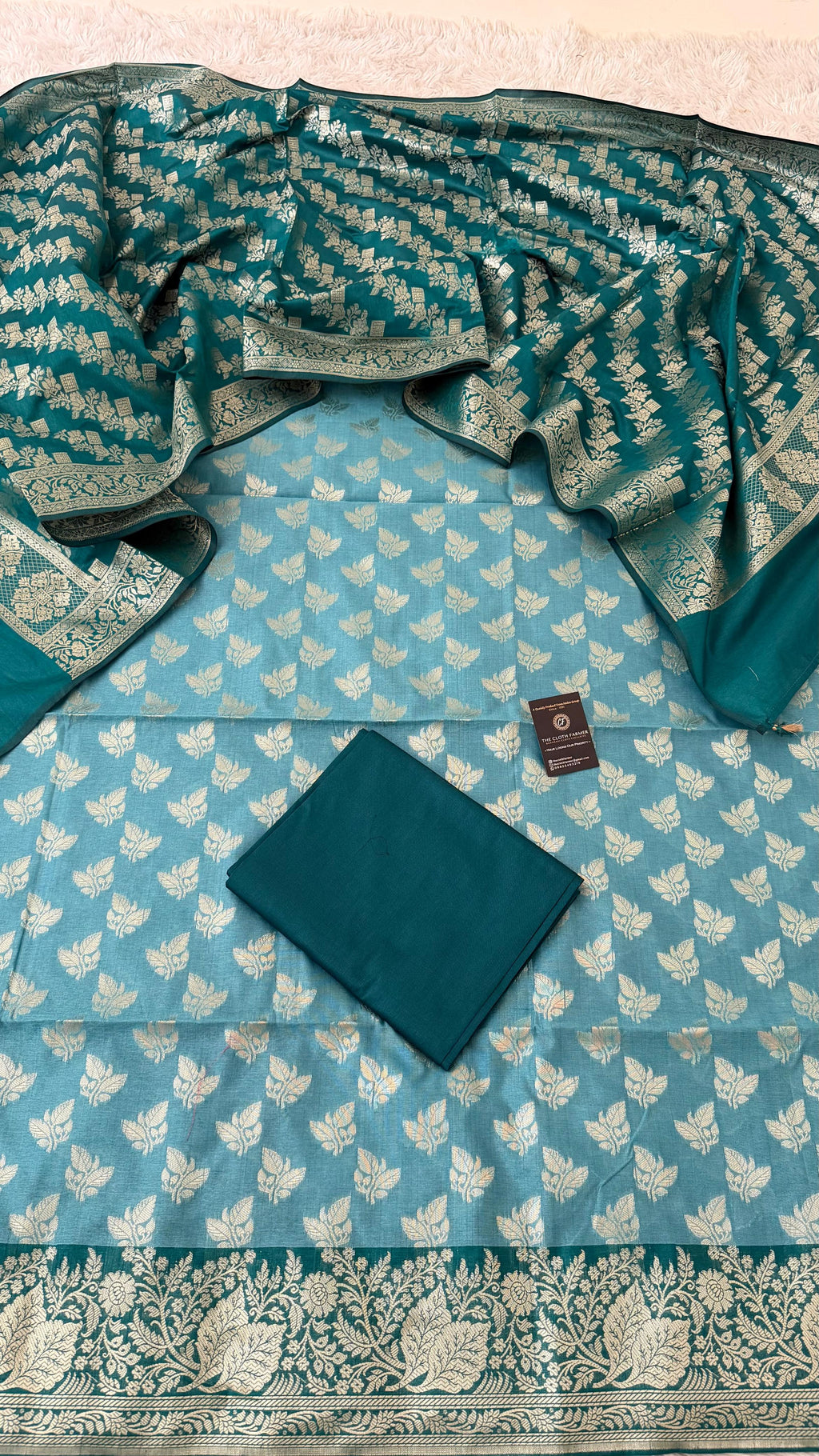 CADET BLUE CONTRAST COTTON SILK 3 PIECE SUIT