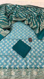 CADET BLUE CONTRAST COTTON SILK 3 PIECE SUIT