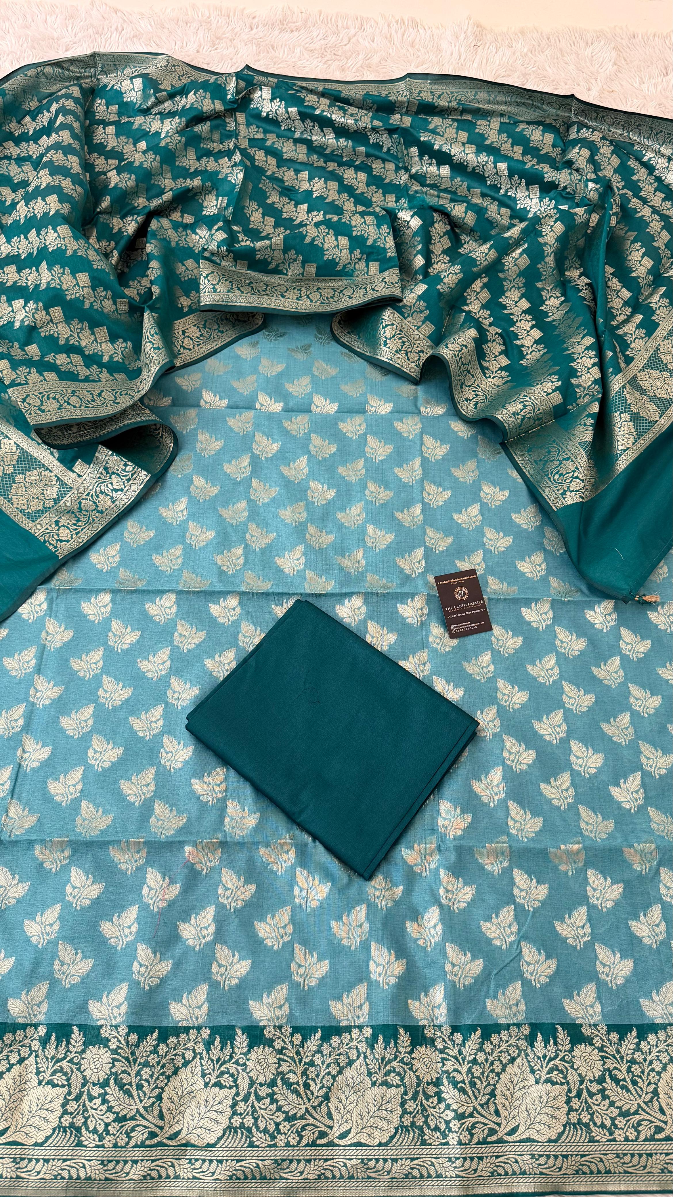 CADET BLUE CONTRAST COTTON SILK 3 PIECE SUIT