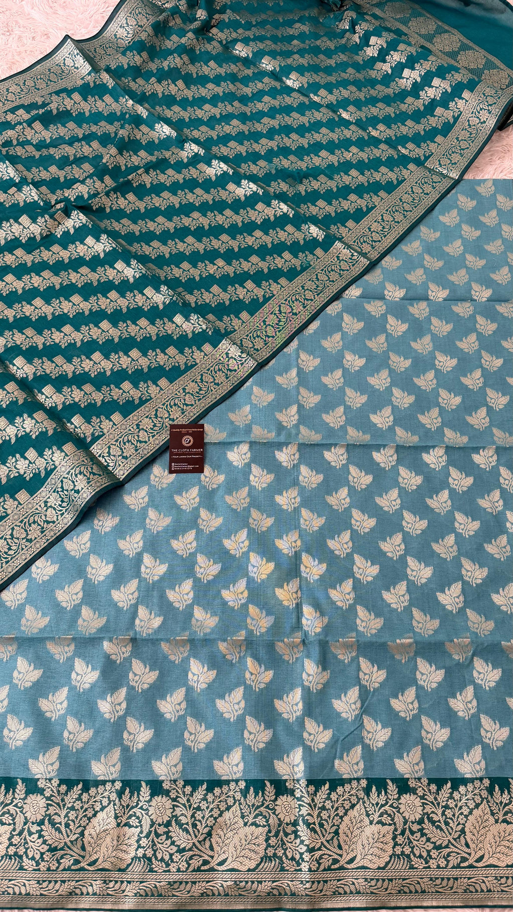 CADET BLUE CONTRAST COTTON SILK 3 PIECE SUIT