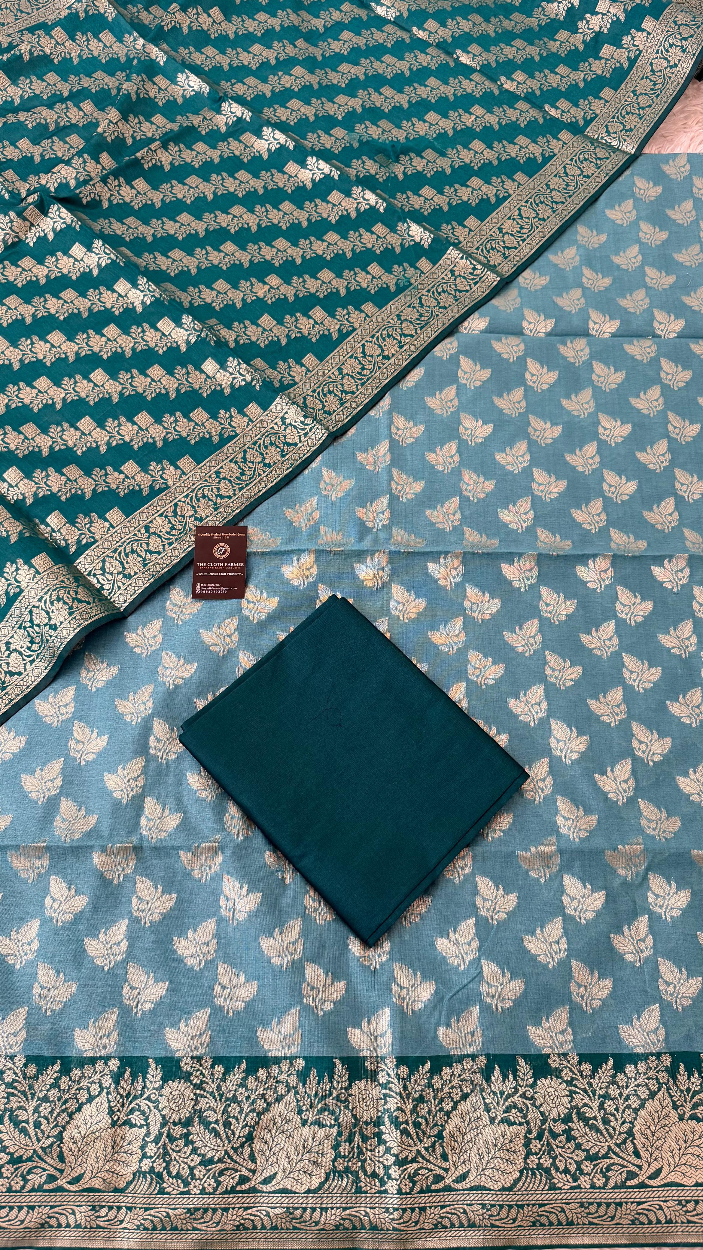 CADET BLUE CONTRAST COTTON SILK 3 PIECE SUIT