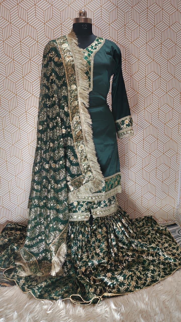 BOTTLE GREEN BANARASI KIMKHAB GHARARA