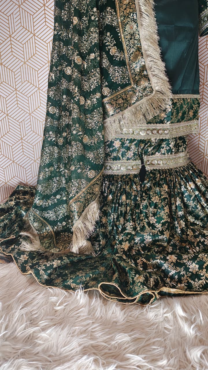 BOTTLE GREEN BANARASI KIMKHAB GHARARA