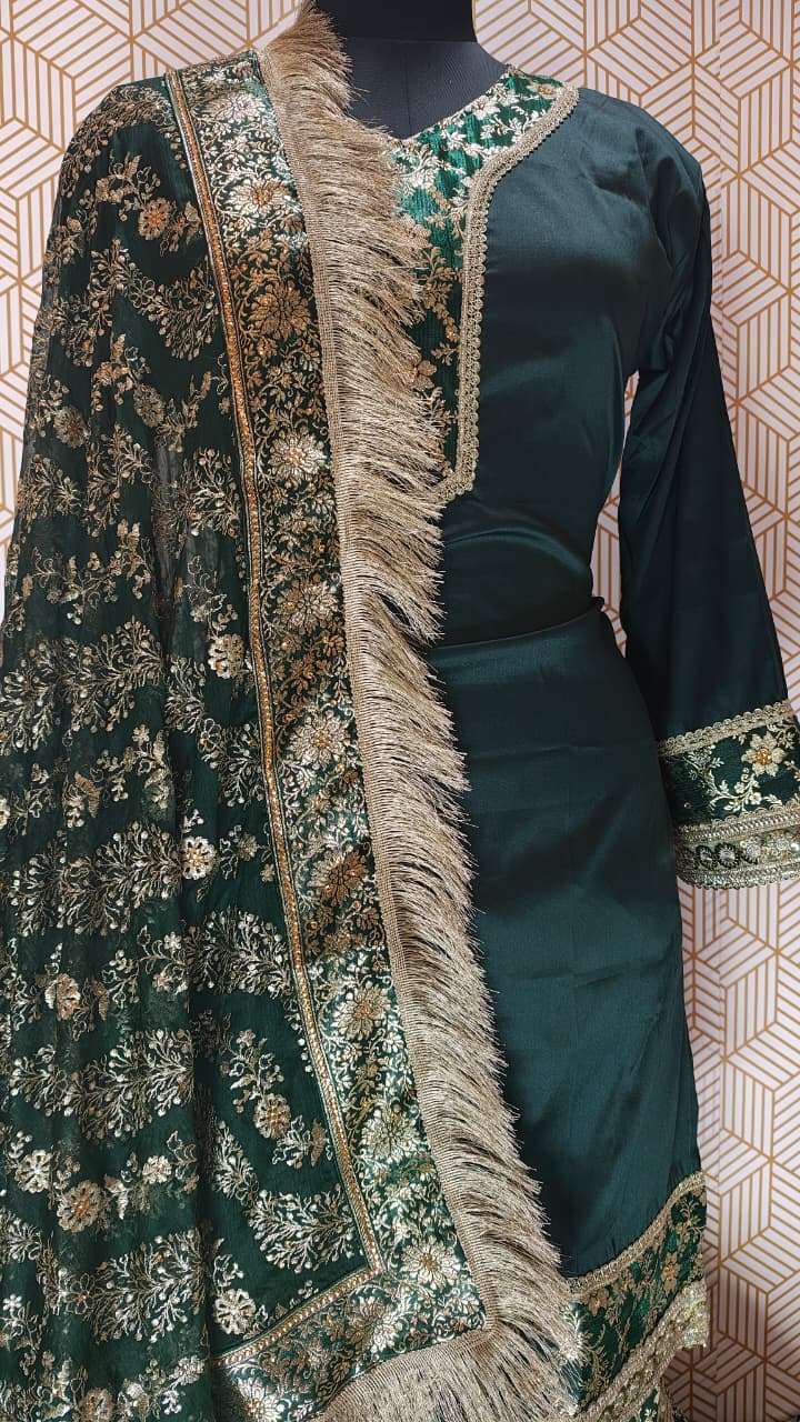 BOTTLE GREEN BANARASI KIMKHAB GHARARA