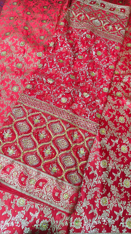 BRIDAL RED KATAN SILK BASED BANARASI KIMKHAB GHARARA