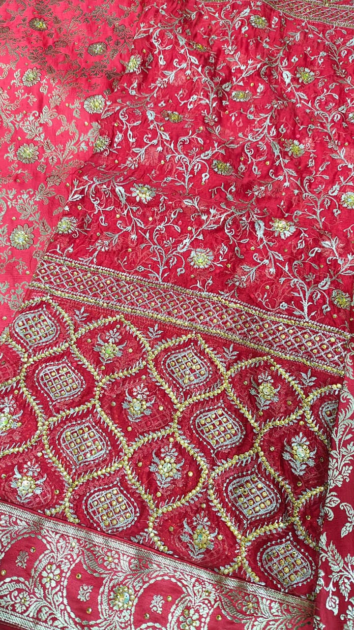 BRIDAL RED KATAN SILK BASED BANARASI KIMKHAB GHARARA