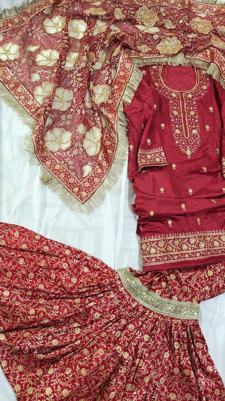 BRIGHT MAROON BANARASI KIMKHAB GHARARA WITH DESIGHNER DUPATTA WITH EMBROIDERED KURTI