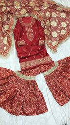 BRIGHT MAROON BANARASI KIMKHAB GHARARA WITH DESIGHNER DUPATTA WITH EMBROIDERED KURTI