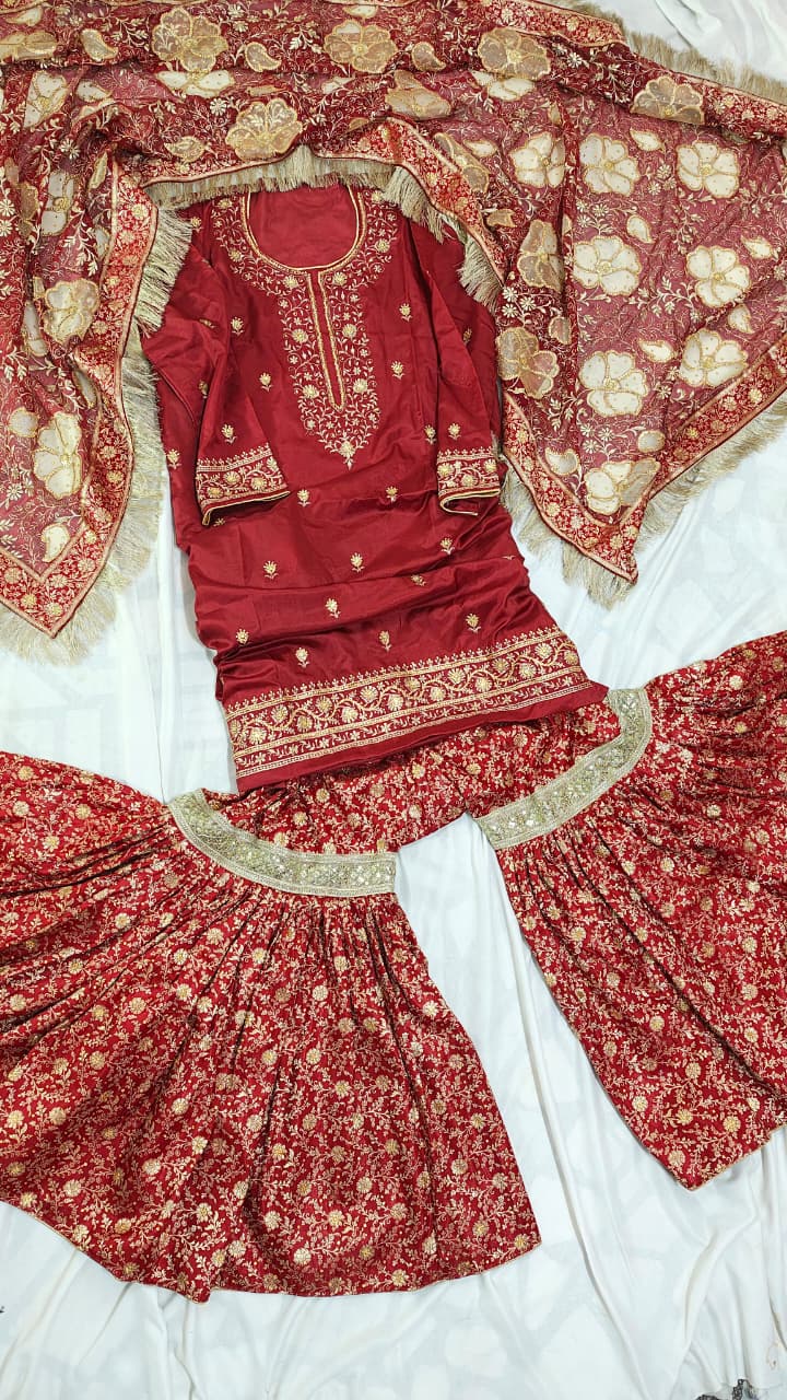BRIGHT MAROON BANARASI KIMKHAB GHARARA WITH DESIGHNER DUPATTA WITH EMBROIDERED KURTI