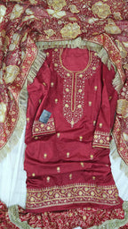 BRIGHT MAROON BANARASI KIMKHAB GHARARA WITH DESIGHNER DUPATTA WITH EMBROIDERED KURTI