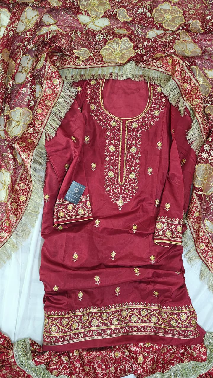 BRIGHT MAROON BANARASI KIMKHAB GHARARA WITH DESIGHNER DUPATTA WITH EMBROIDERED KURTI