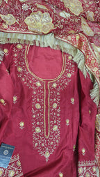BRIGHT MAROON BANARASI KIMKHAB GHARARA WITH DESIGHNER DUPATTA WITH EMBROIDERED KURTI