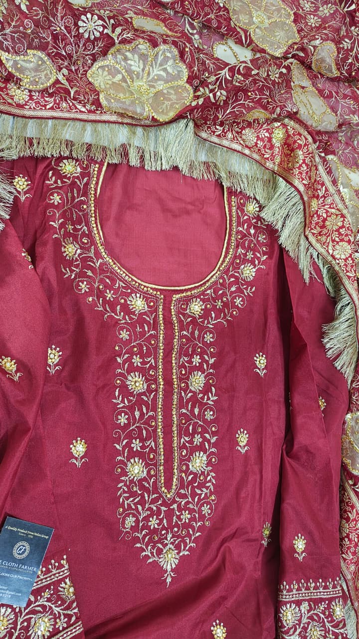 BRIGHT MAROON BANARASI KIMKHAB GHARARA WITH DESIGHNER DUPATTA WITH EMBROIDERED KURTI
