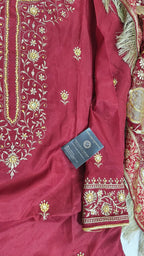 BRIGHT MAROON BANARASI KIMKHAB GHARARA WITH DESIGHNER DUPATTA WITH EMBROIDERED KURTI