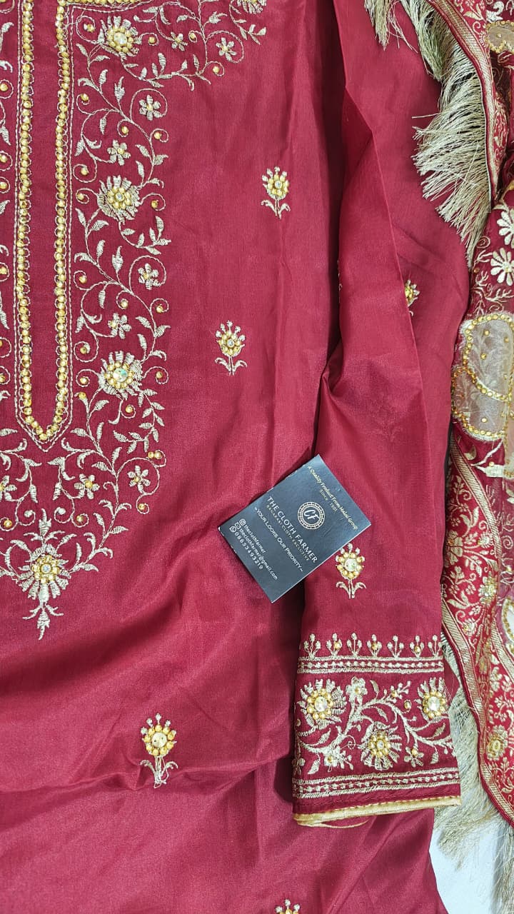 BRIGHT MAROON BANARASI KIMKHAB GHARARA WITH DESIGHNER DUPATTA WITH EMBROIDERED KURTI