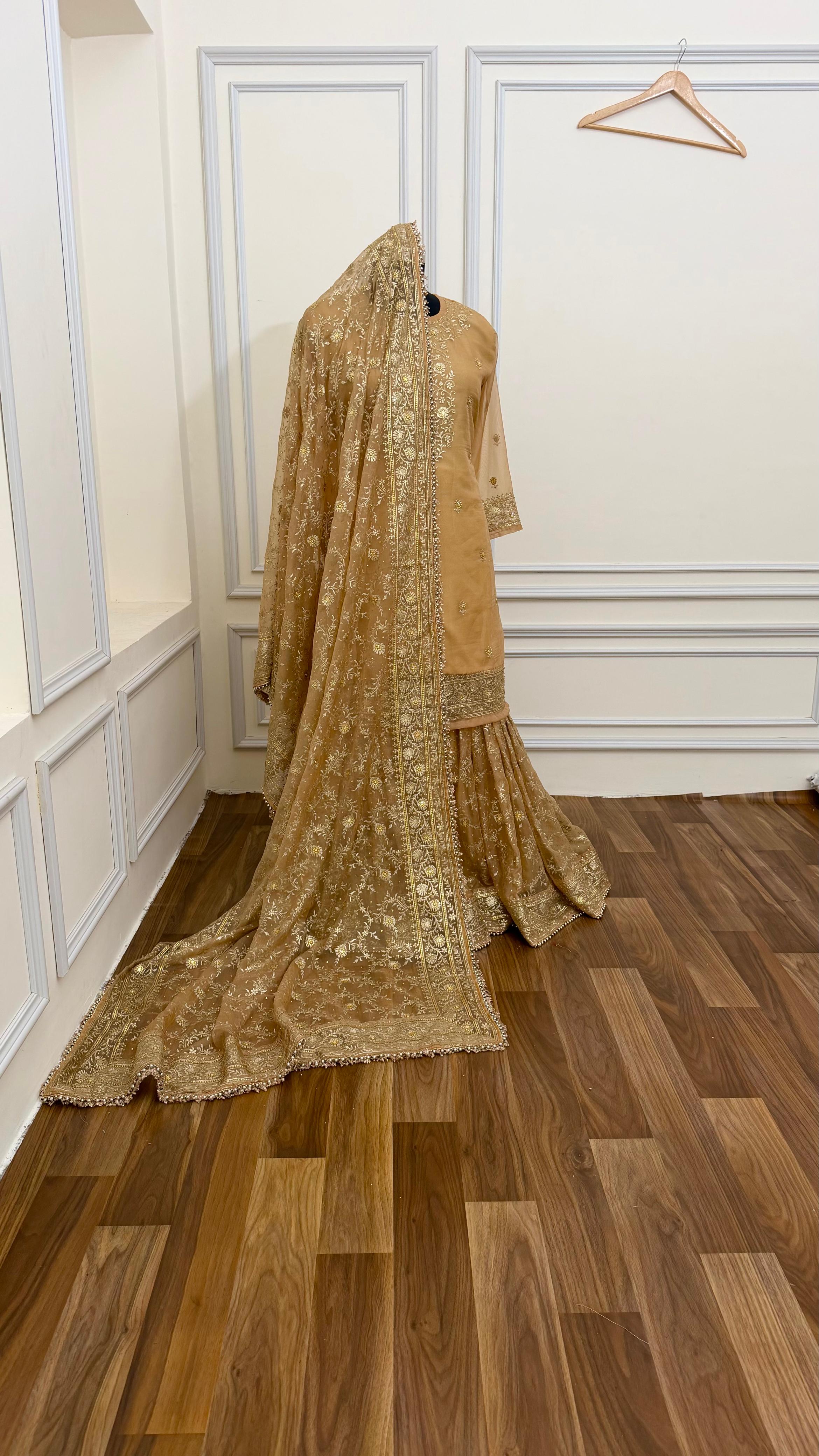 CAMEL SHADE BANARASI SOFT ORGANZA GHARARA