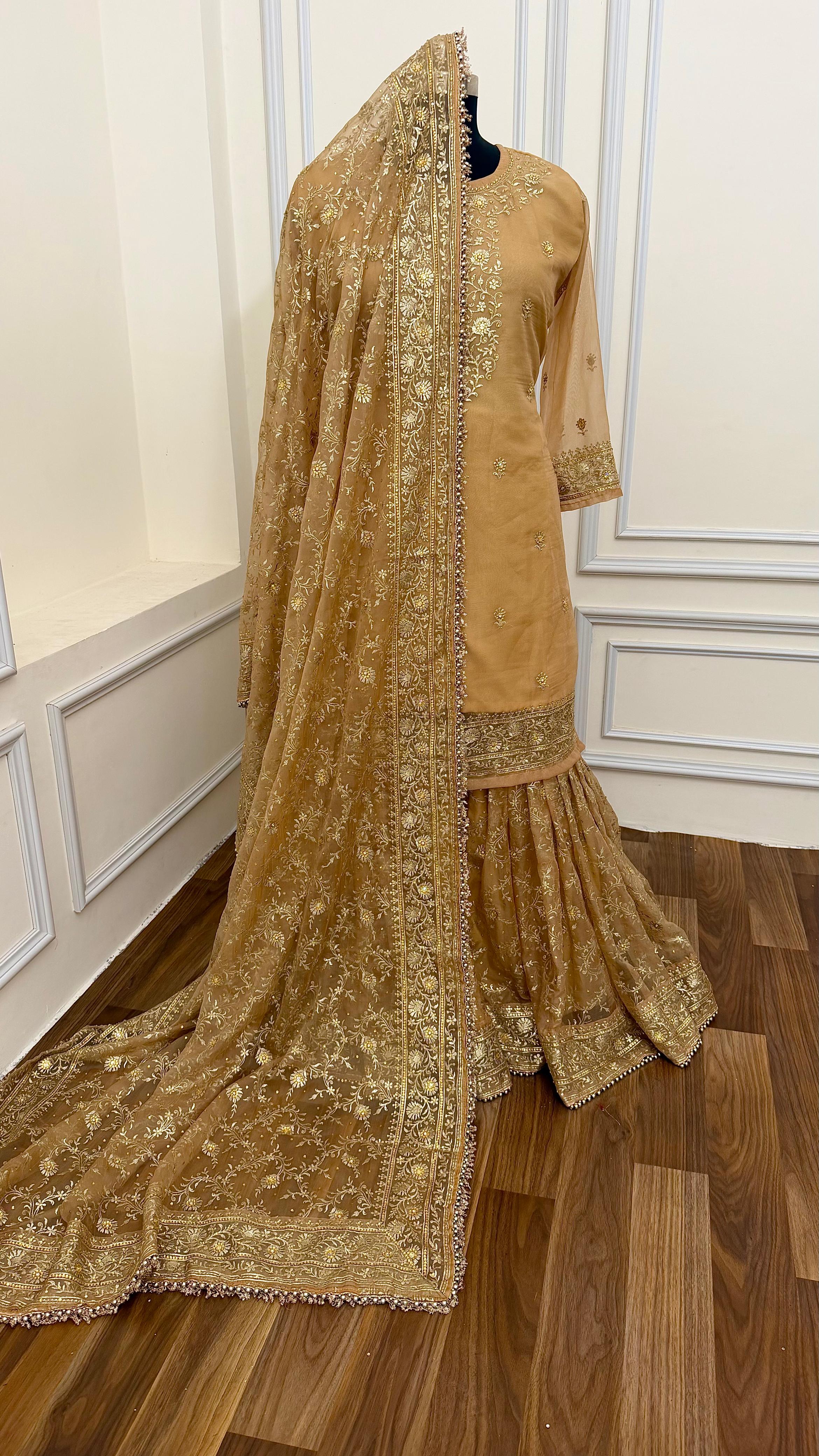 CAMEL SHADE BANARASI SOFT ORGANZA GHARARA