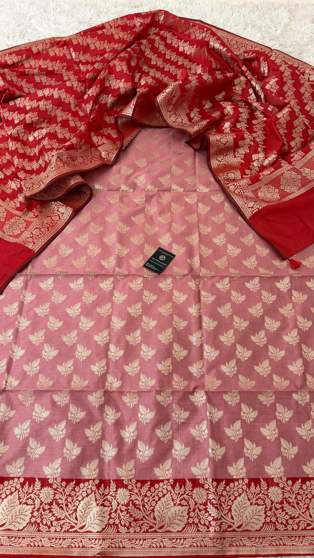 FLAMINGO RED COLOR CONTRAST COTTON SILK 3 PIECE SUIT