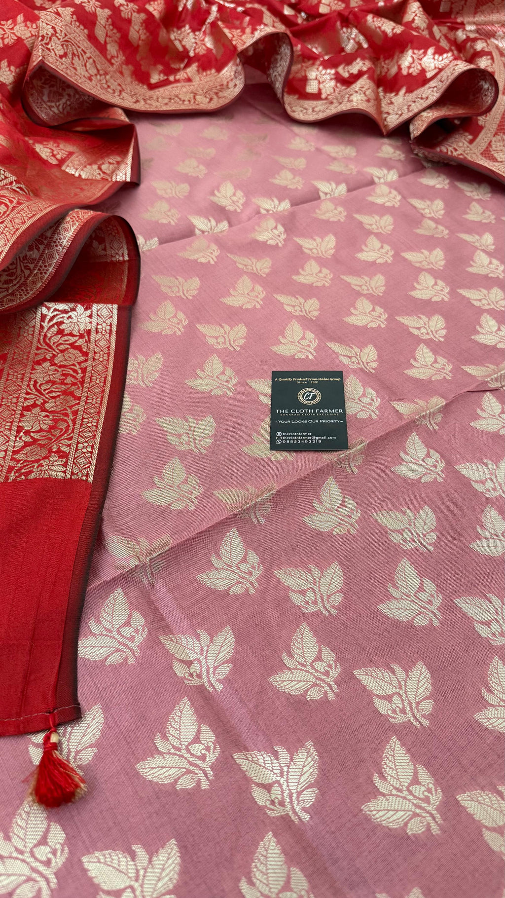 FLAMINGO RED COLOR CONTRAST COTTON SILK 3 PIECE SUIT