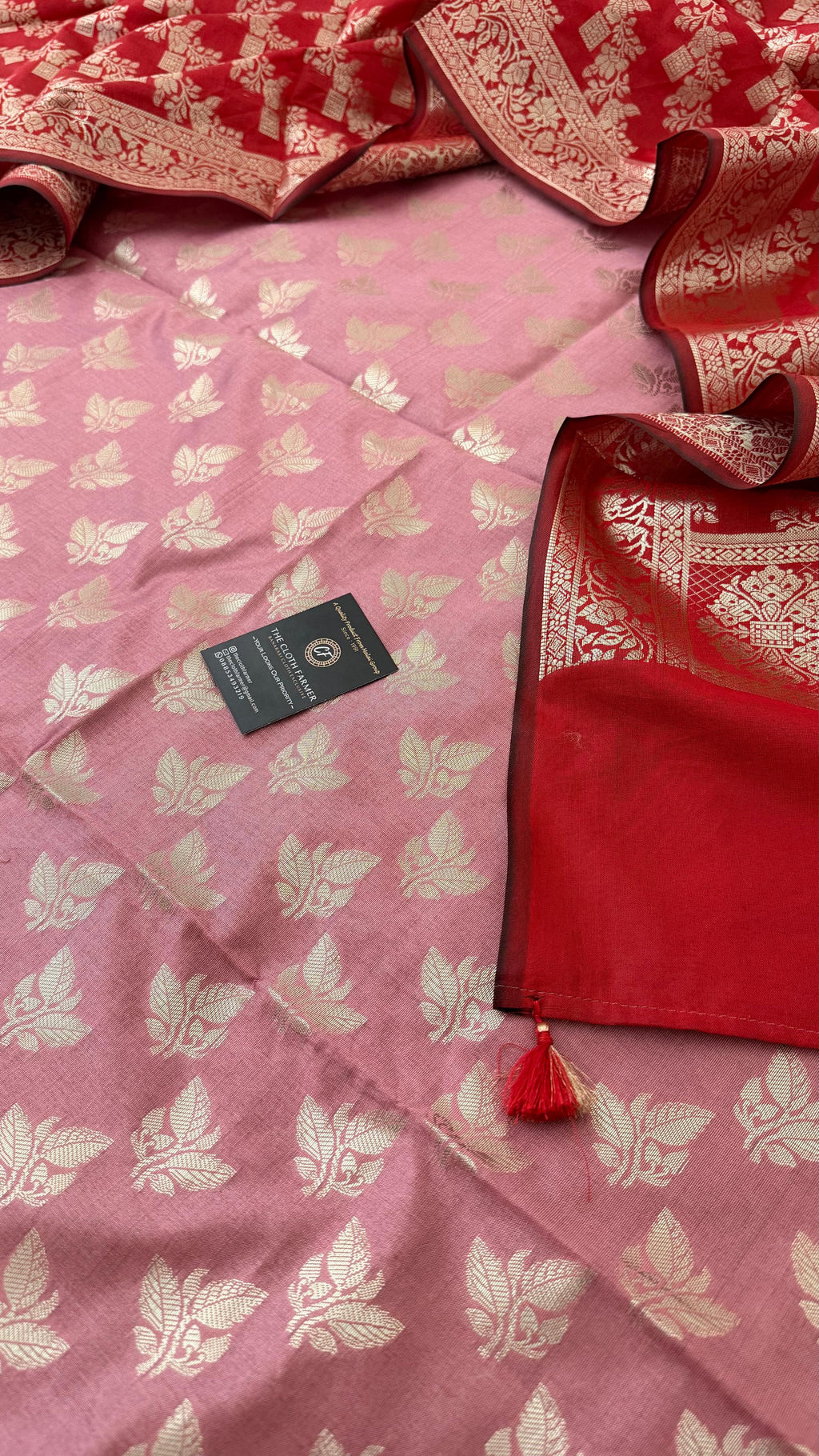 FLAMINGO RED COLOR CONTRAST COTTON SILK 3 PIECE SUIT