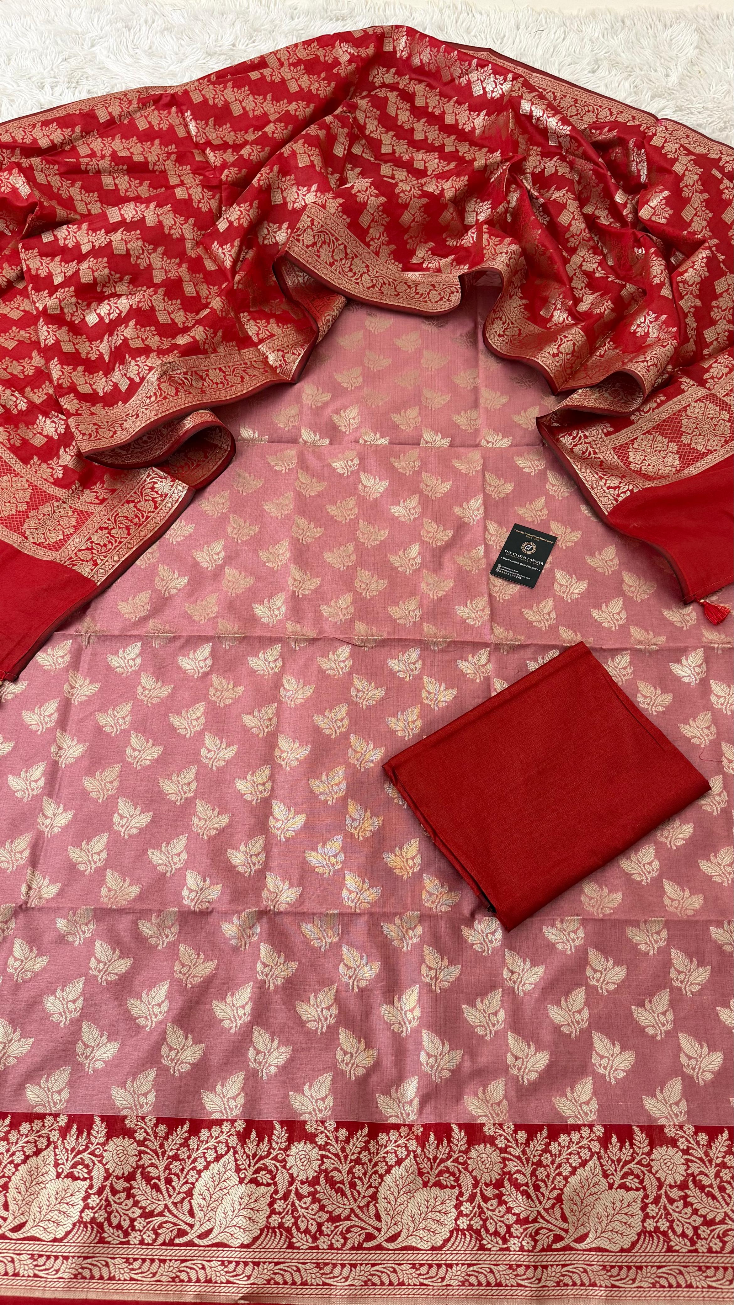 FLAMINGO RED COLOR CONTRAST COTTON SILK 3 PIECE SUIT