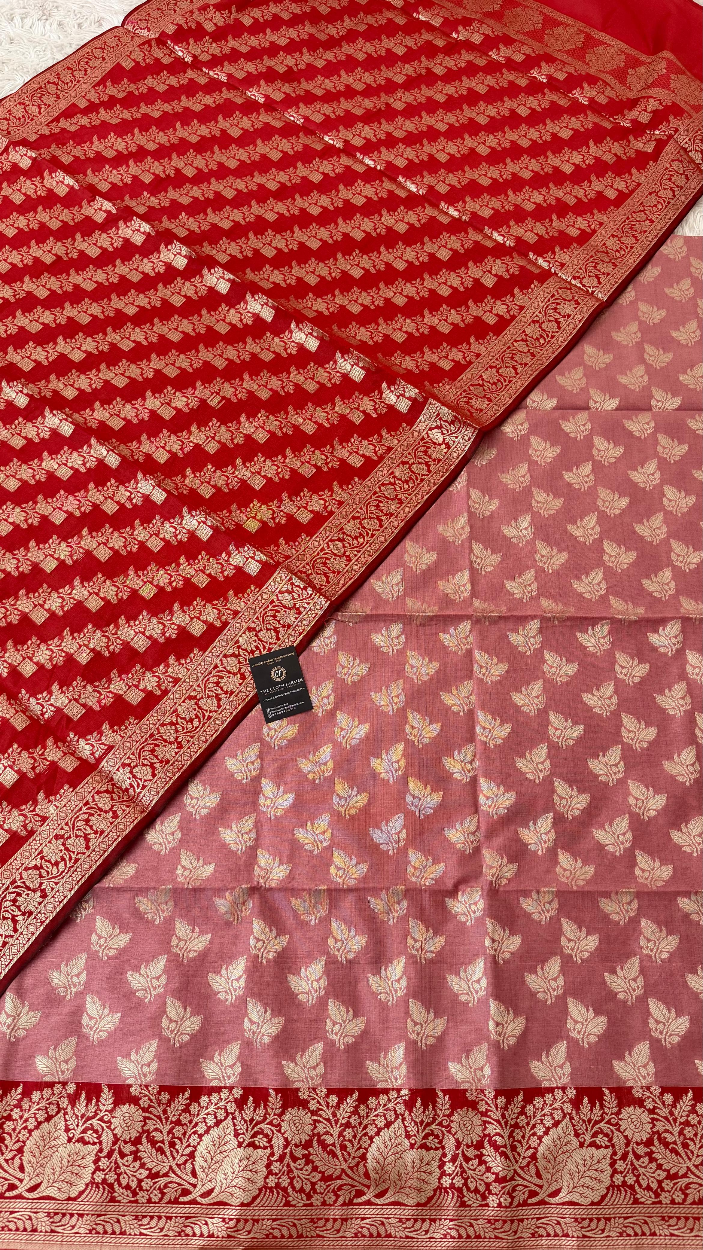 FLAMINGO RED COLOR CONTRAST COTTON SILK 3 PIECE SUIT