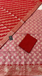 FLAMINGO RED COLOR CONTRAST COTTON SILK 3 PIECE SUIT