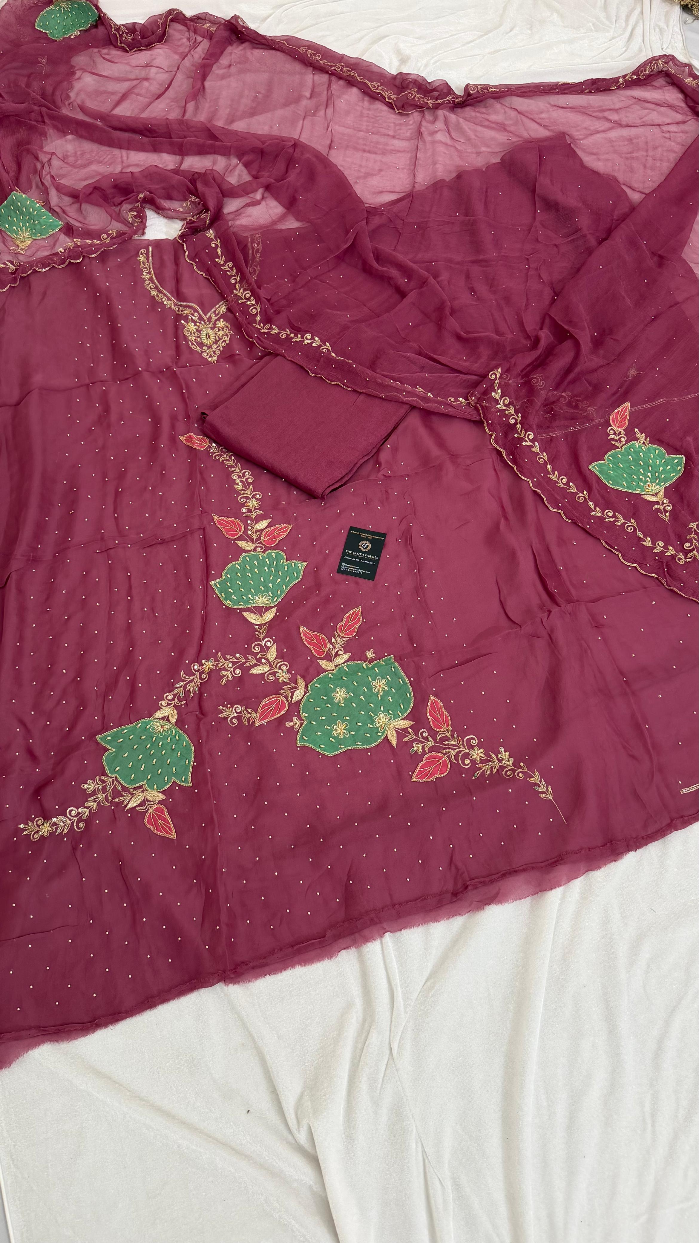 CONTRAST PATCH WORK SILKY ORGANZA SILK 3 PIECE SUIT