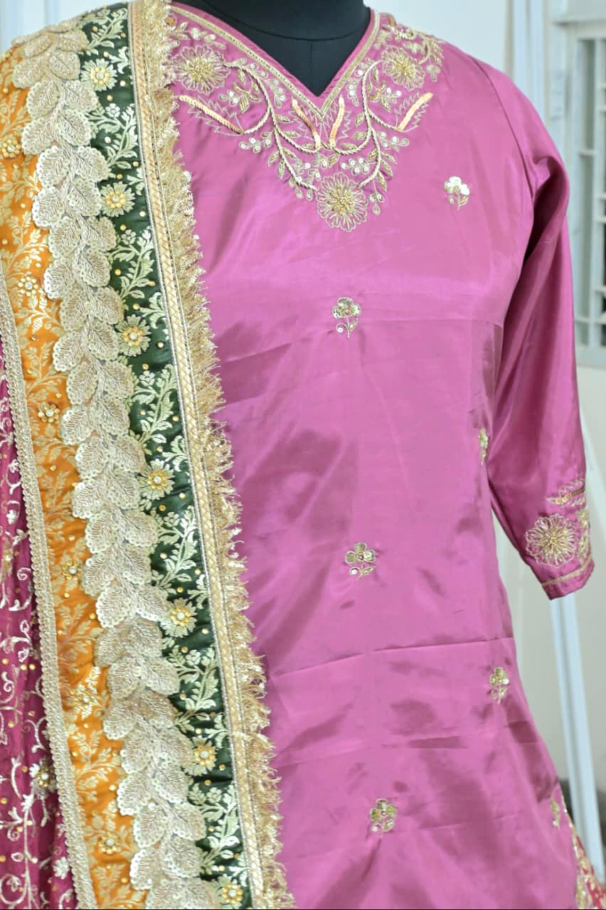Contrast farshi gharara with tail and handwork kurti