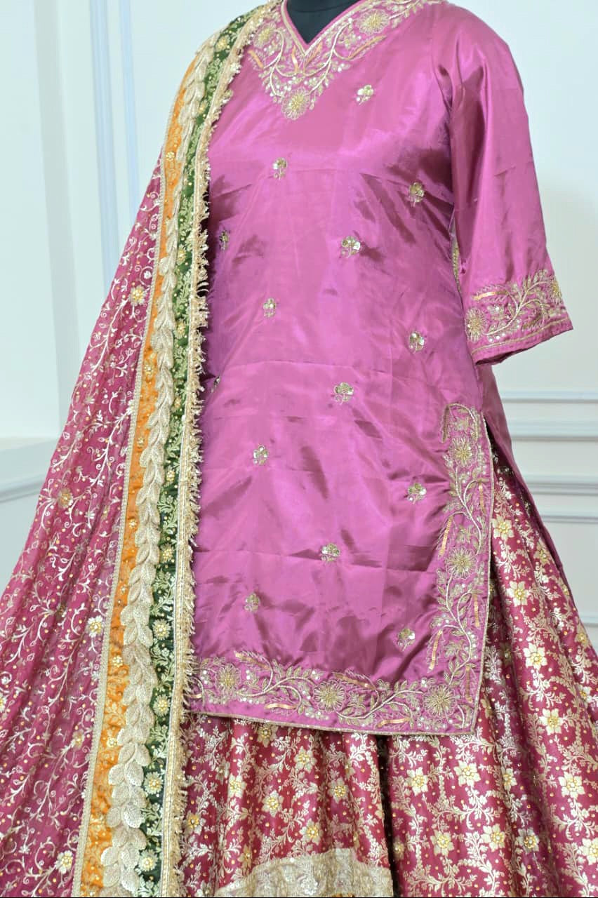 Contrast farshi gharara with tail and handwork kurti