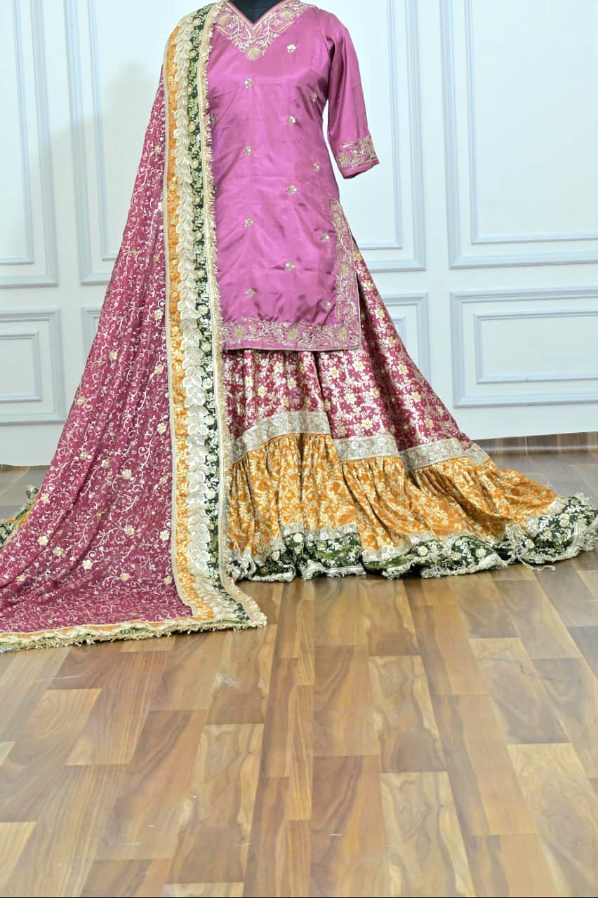 Contrast farshi gharara with tail and handwork kurti